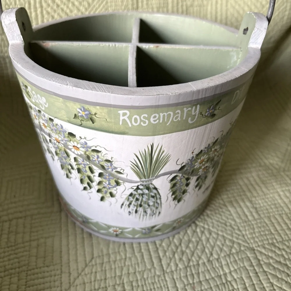 Wood Herb Kitchen Utensil Caddy Basket 4 Compartment Rosemary Dill Farmhouse Vtg